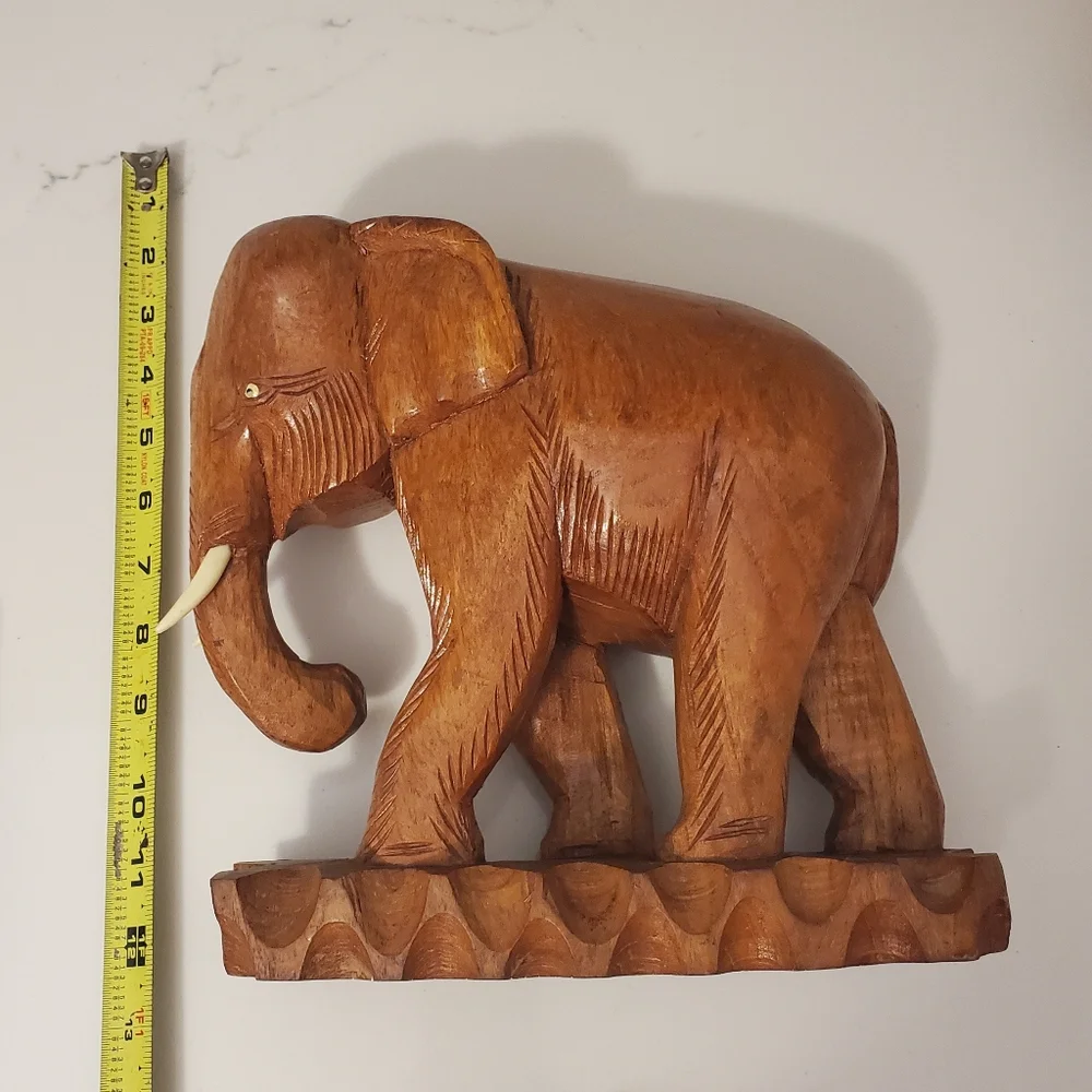 Vintage Large Teak Wooden Elephant With Tusks Hand Carved Solid Wood